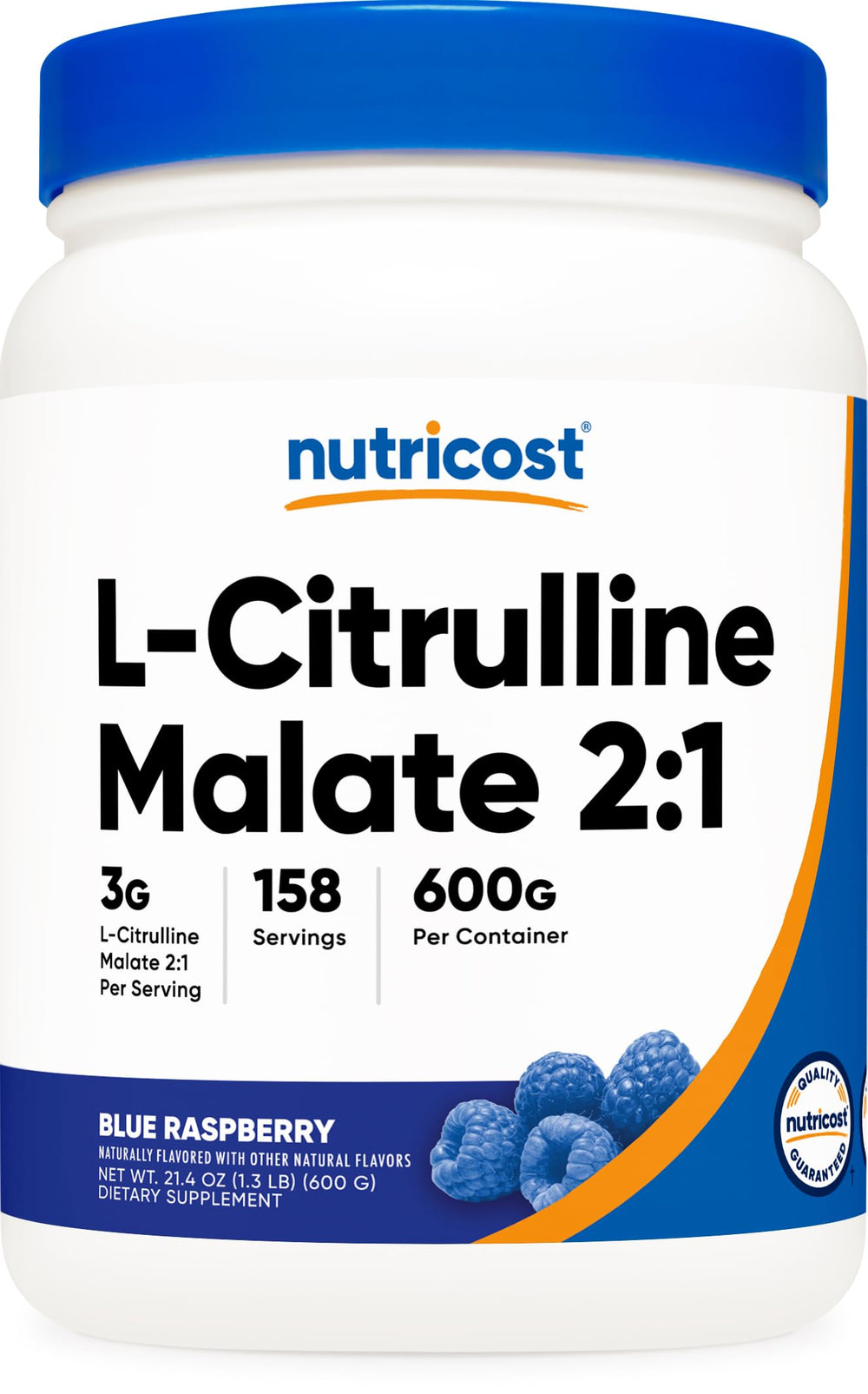 Front view of Nutricost L-Citrulline Malate 2:1 Blue Raspberry 600g bottle