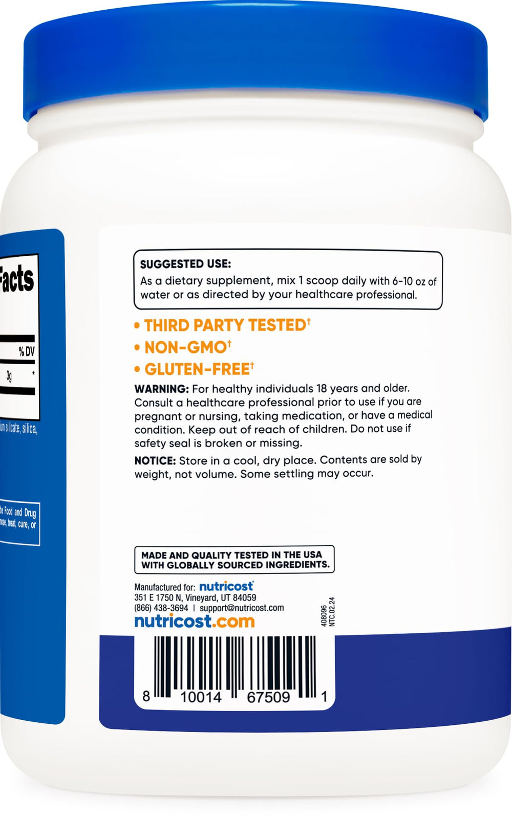 Nutrition facts panel for Nutricost L-Citrulline Malate 2:1 Blue Raspberry