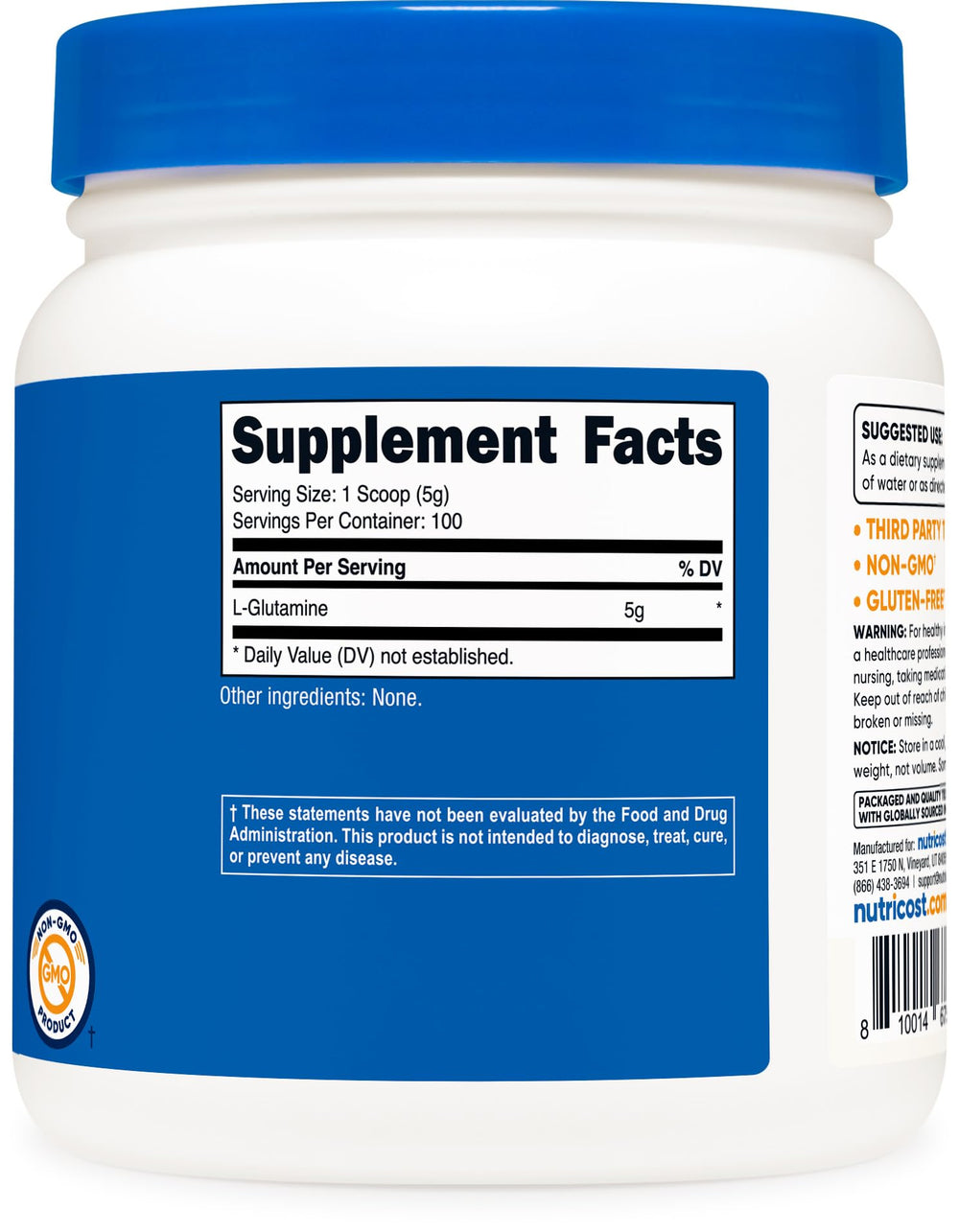 Nutrition facts panel for Nutricost L-Glutamine Powder 500g