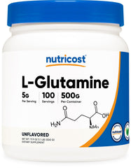 Nutricost L-Glutamine Powder 500g front view, unflavored