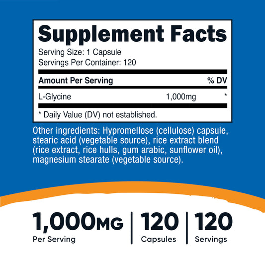 Nutricost L-Glycine label showing 1000mg per capsule