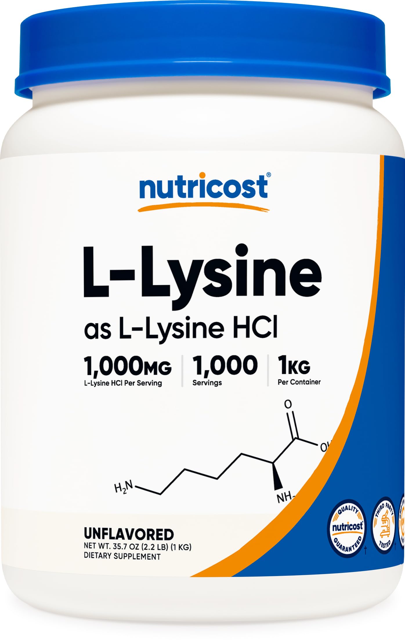Front view of Nutricost L-Lysine Powder 1KG container