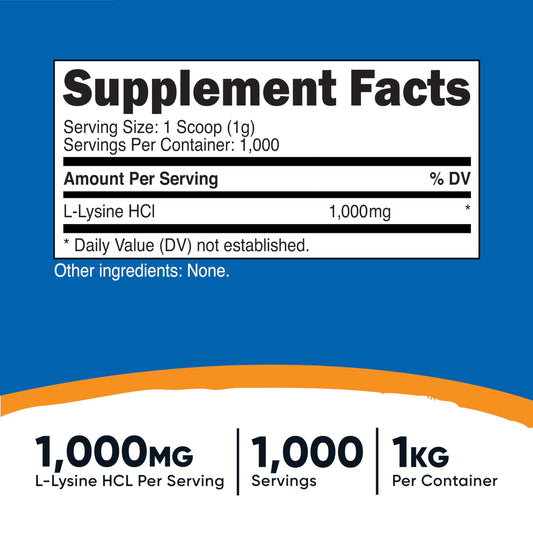 Nutrition label of Nutricost L-Lysine Powder 1KG