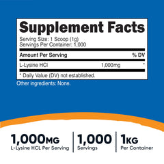 Nutrition label of Nutricost L-Lysine Powder 1KG