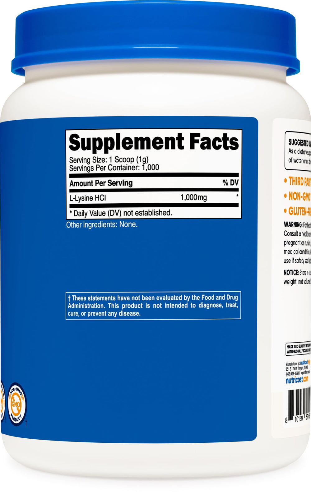 3rd-party testing and GMP/FDA compliant facility badge for Nutricost L-Lysine