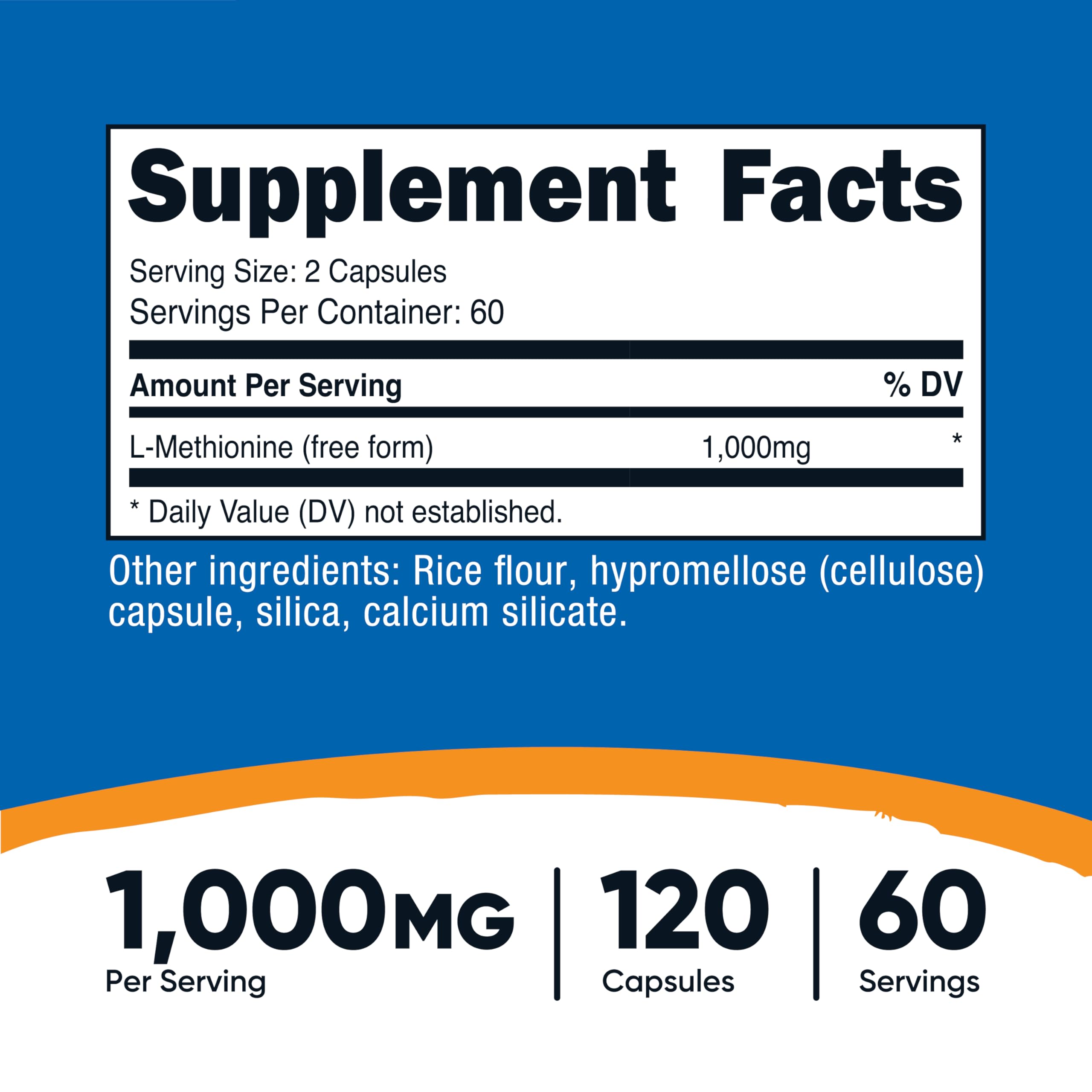 Side view of Nutricost L-Methionine bottle and capsules