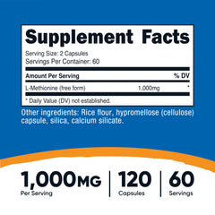 Side view of Nutricost L-Methionine bottle and capsules