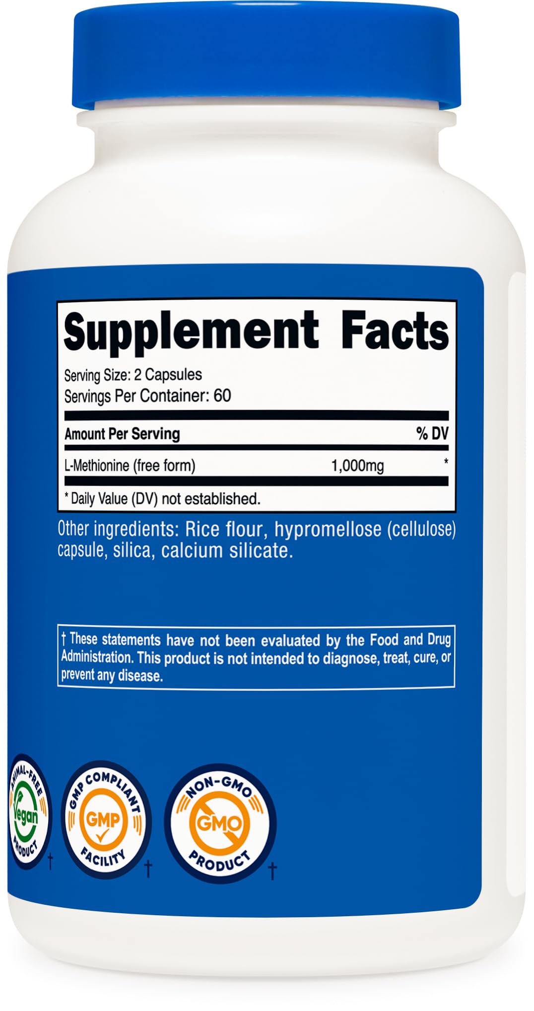 Nutrition facts panel for Nutricost L-Methionine 1000 mg
