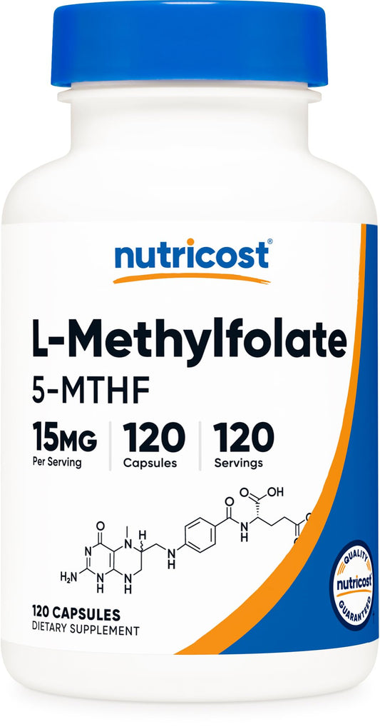 Bottle of Nutricost L-Methylfolate 15 mg with 120 capsules