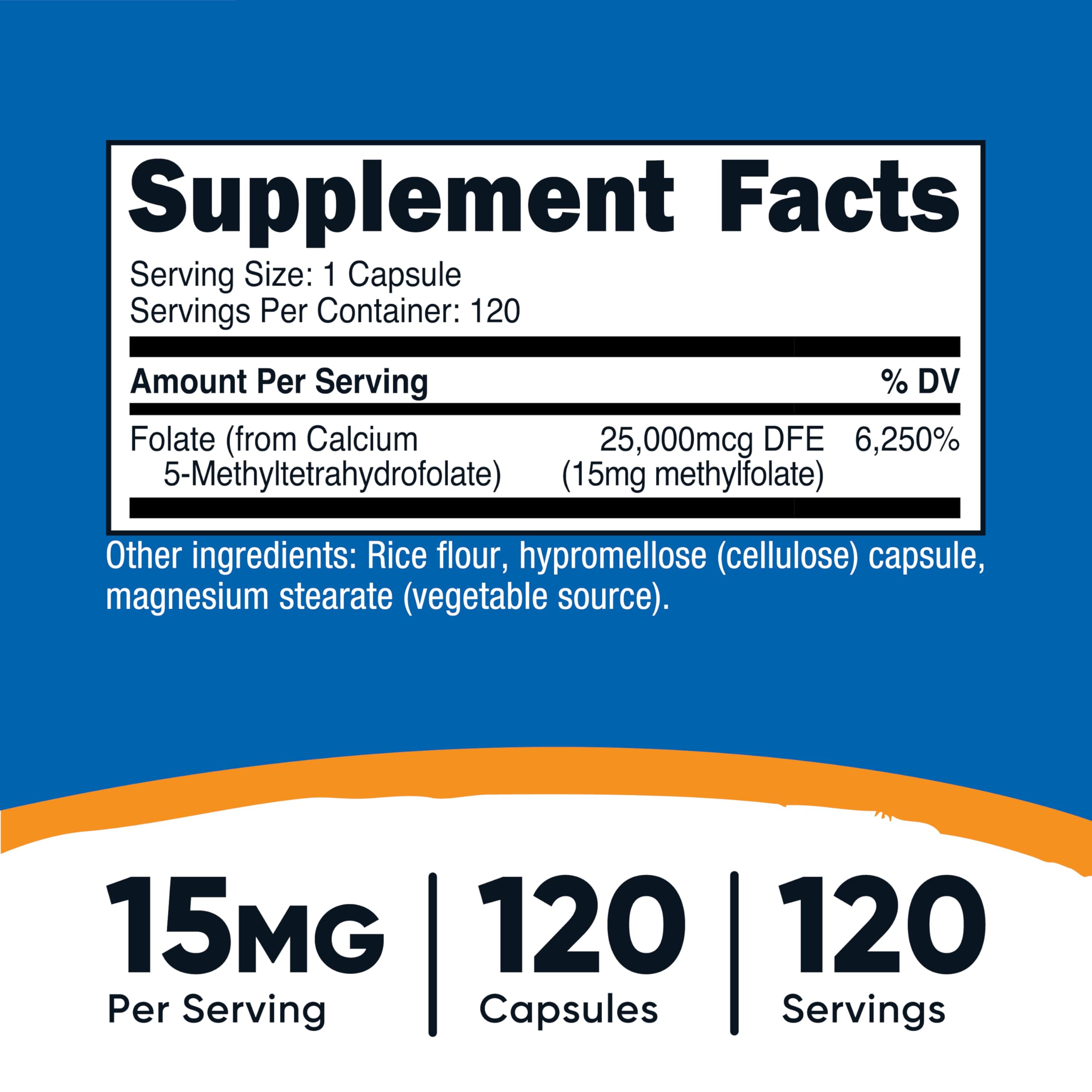 Close-up of Nutricost L-Methylfolate bottle label showing 5-MTHF