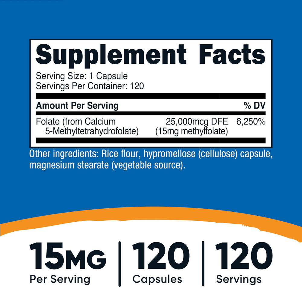 Close-up of Nutricost L-Methylfolate bottle label showing 5-MTHF