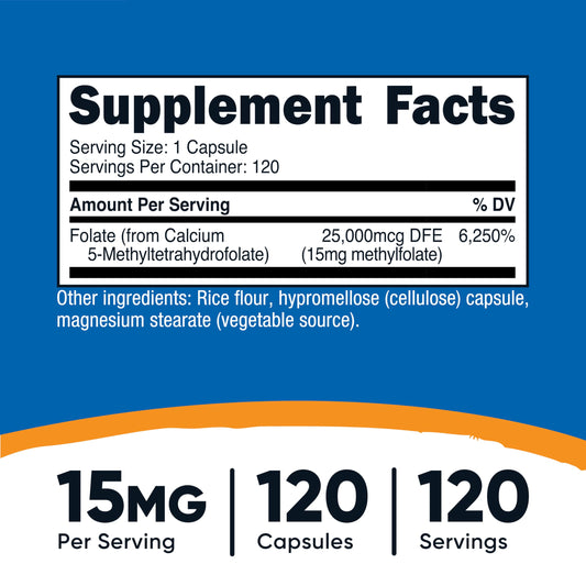 Close-up of Nutricost L-Methylfolate bottle label showing 5-MTHF
