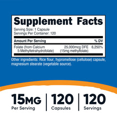 Close-up of Nutricost L-Methylfolate bottle label showing 5-MTHF