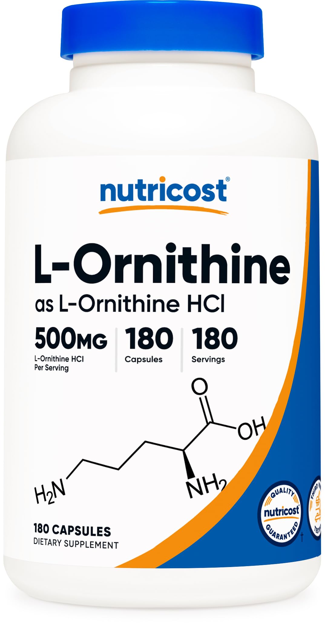 Bottle of Nutricost L-Ornithine 500mg - 180 capsules