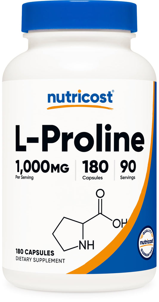 Nutricost L-Proline 1000mg bottle - 180 capsules, 90 servings