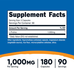 Serving size 2 capsules provides 1000mg L-Proline (90 servings)