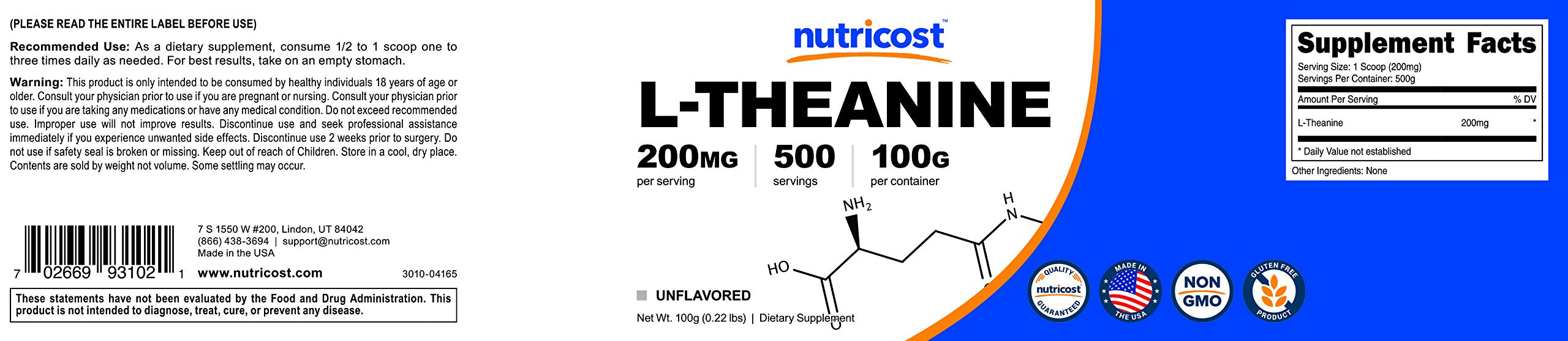 NSF GMP FDA registered facility used to manufacture Nutricost L-Theanine Powder