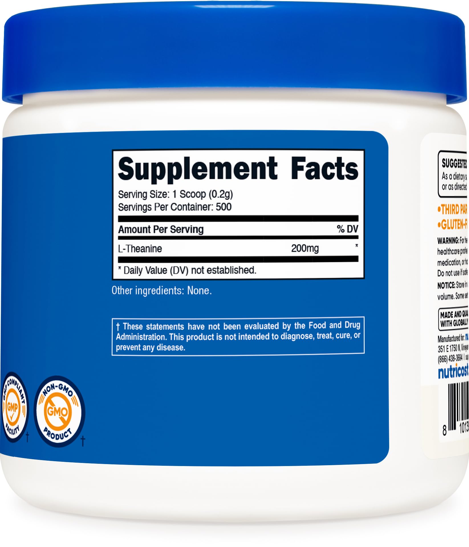 Gluten Free and Non-GMO Nutricost L-Theanine Powder label emphasis