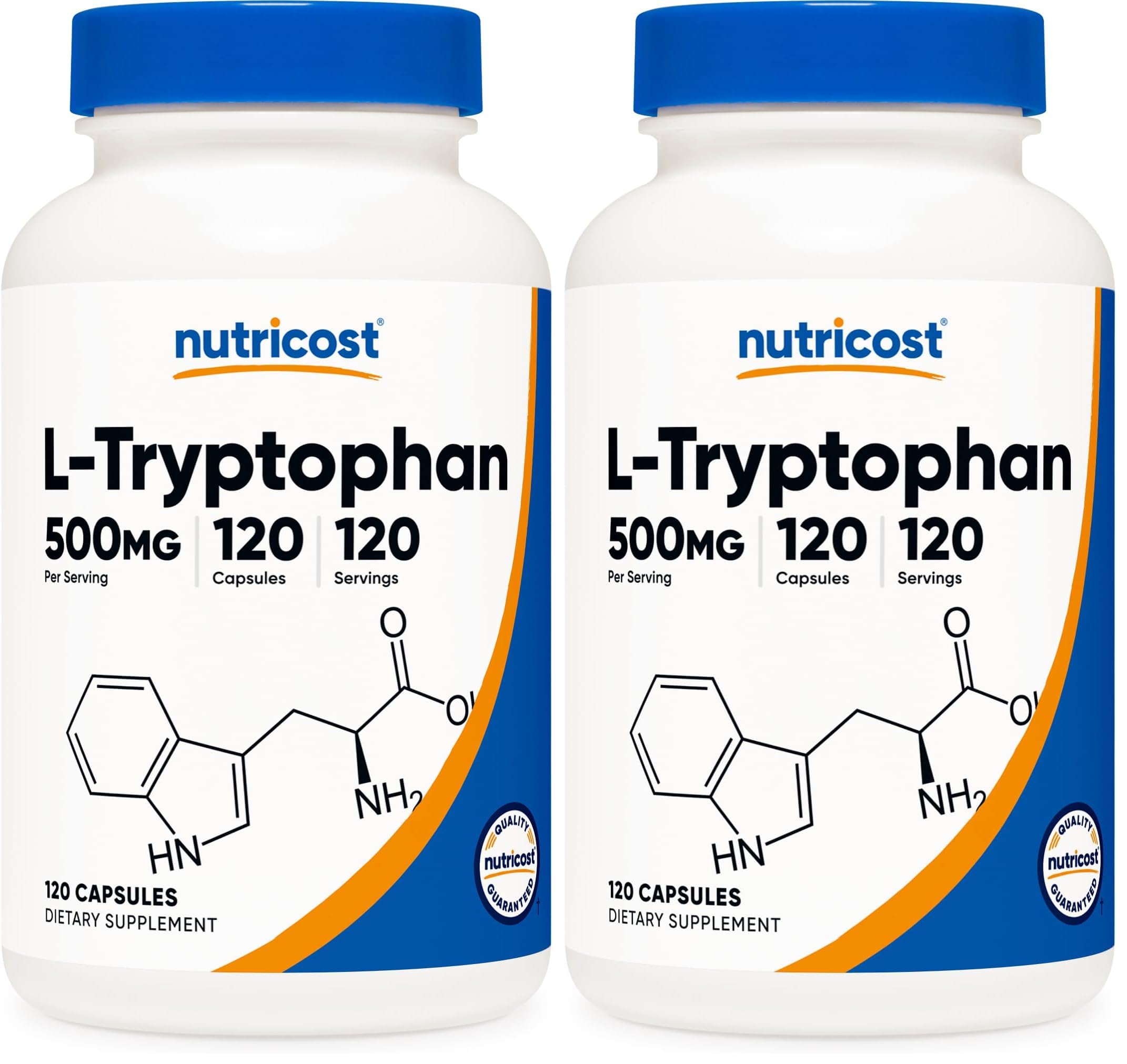 Nutricost L-Tryptophan 500mg bottle with 120 capsules – front view