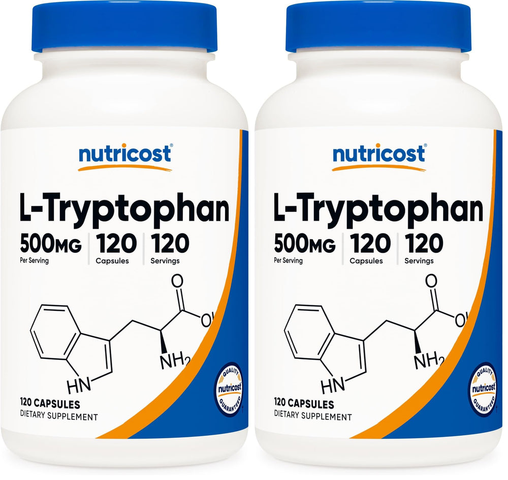 Nutricost L-Tryptophan 500mg bottle with 120 capsules – front view