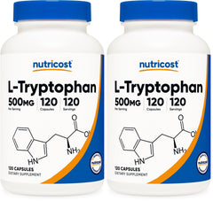 Nutricost L-Tryptophan 500mg bottle with 120 capsules – front view