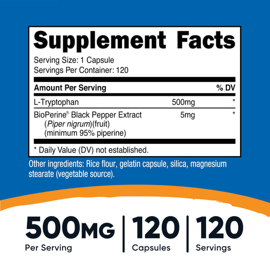 Close-up of Nutricost L-Tryptophan bottle and label