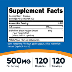 Close-up of Nutricost L-Tryptophan bottle and label