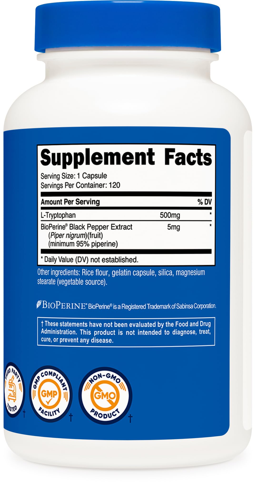 Non-GMO and gluten-free claims on Nutricost L-Tryptophan packaging