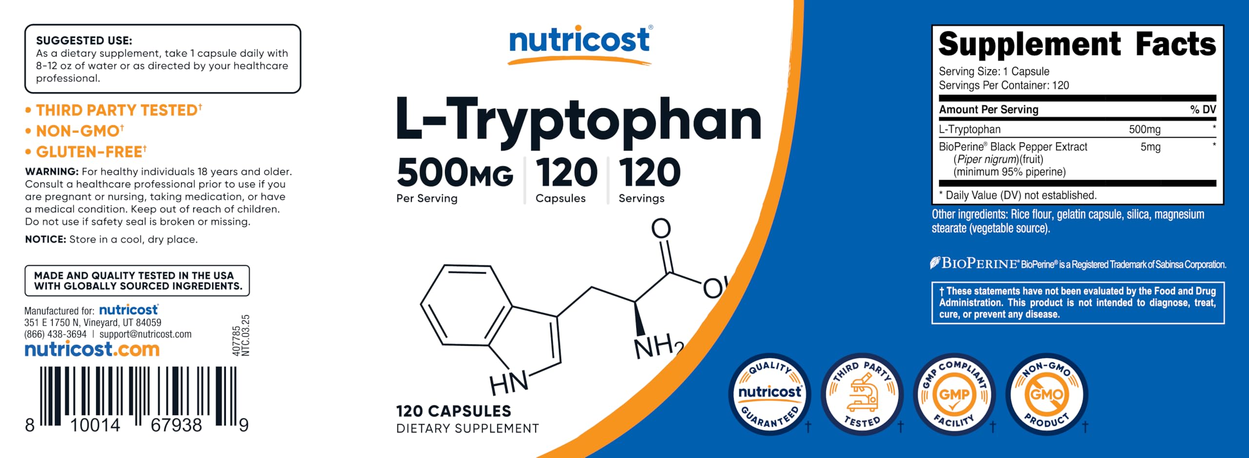 Two Nutricost L-Tryptophan bottles Pack of 2 boxes