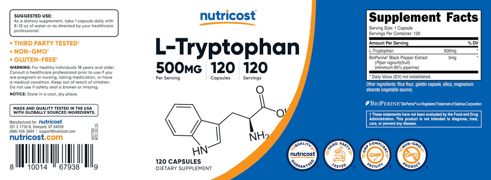 Two Nutricost L-Tryptophan bottles Pack of 2 boxes