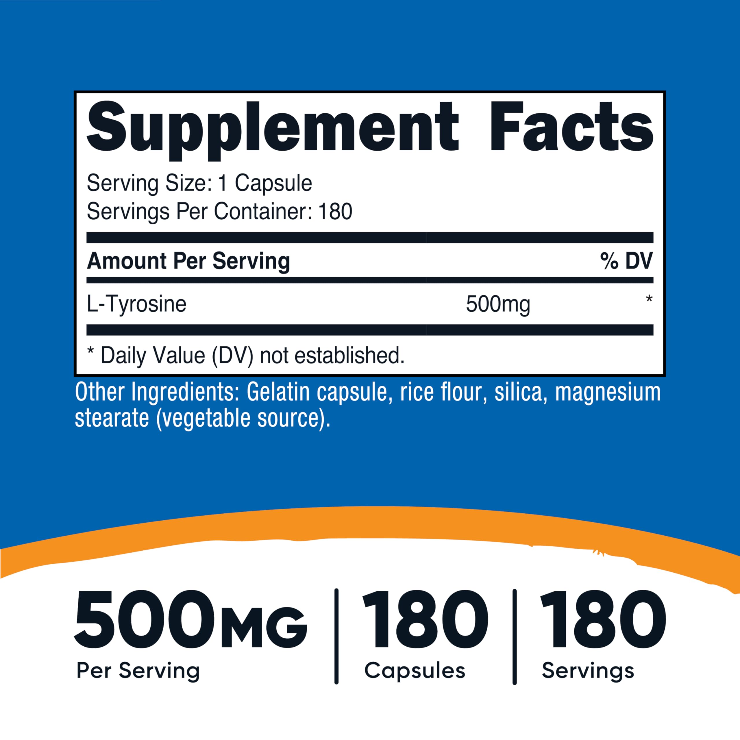 Close-up of L-Tyrosine 500mg per capsule label