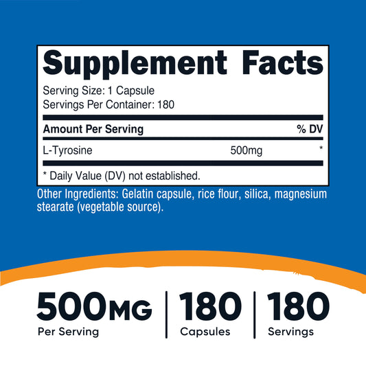 Close-up of L-Tyrosine 500mg per capsule label