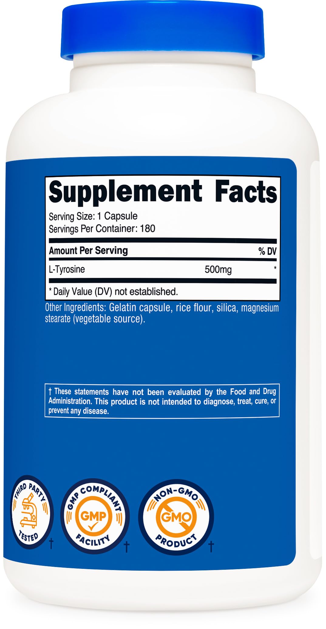 Nutricost L-Tyrosine 180-capsule bottle with packaging