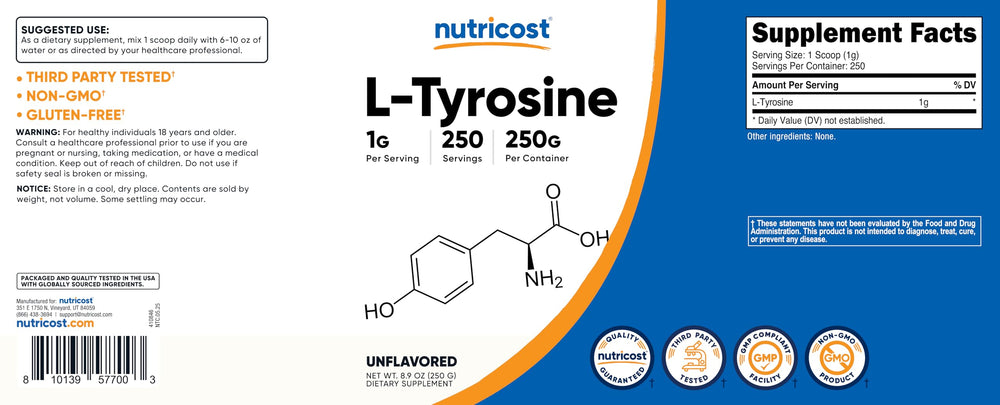Gluten Free and Non-GMO indication for Nutricost L-Tyrosine
