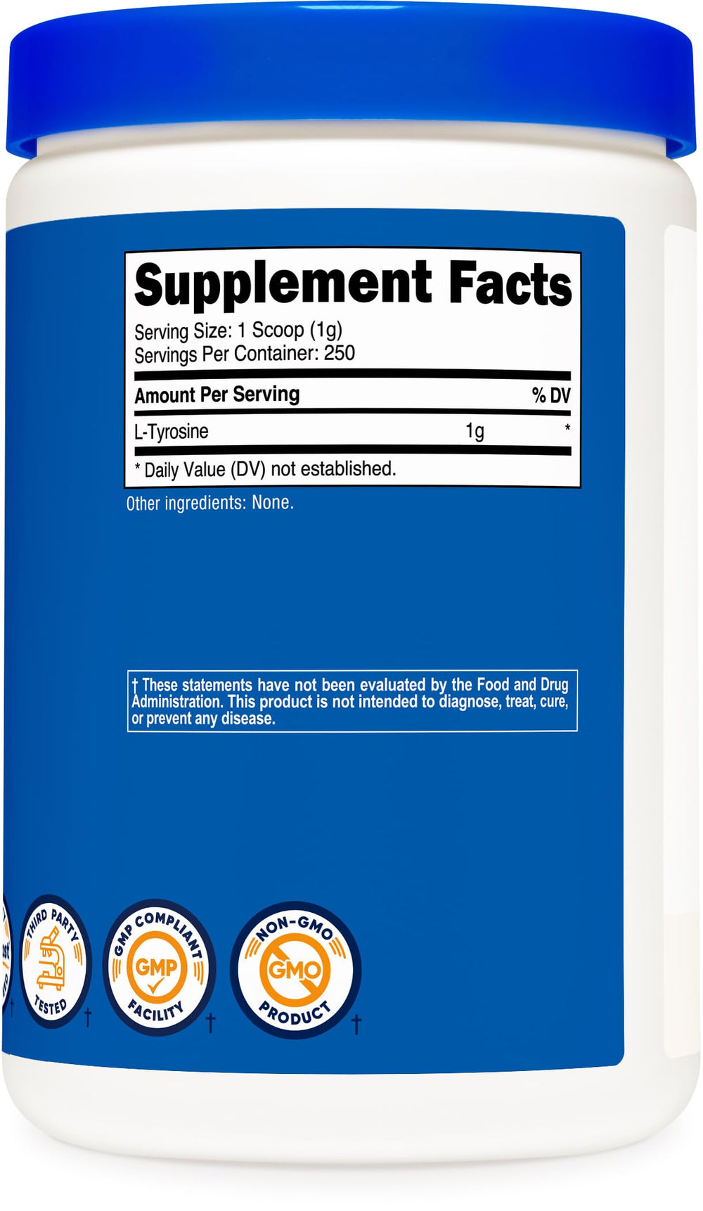 Nutrition facts panel for Nutricost L-Tyrosine powder