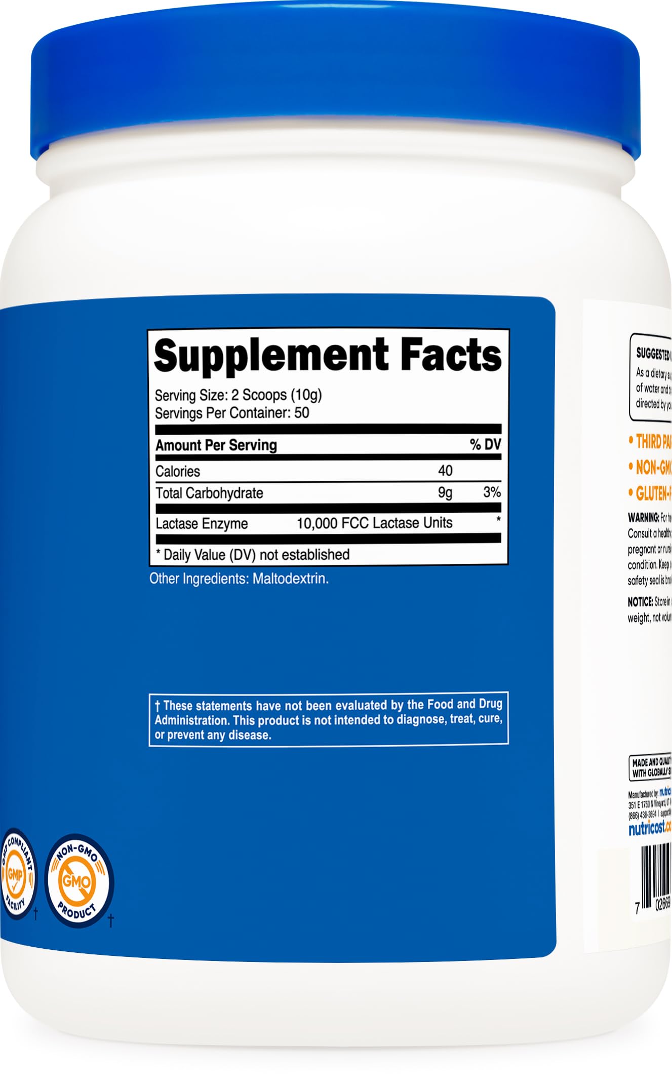 Non-GMO and Gluten Free icons for Nutricost Lactase Powder