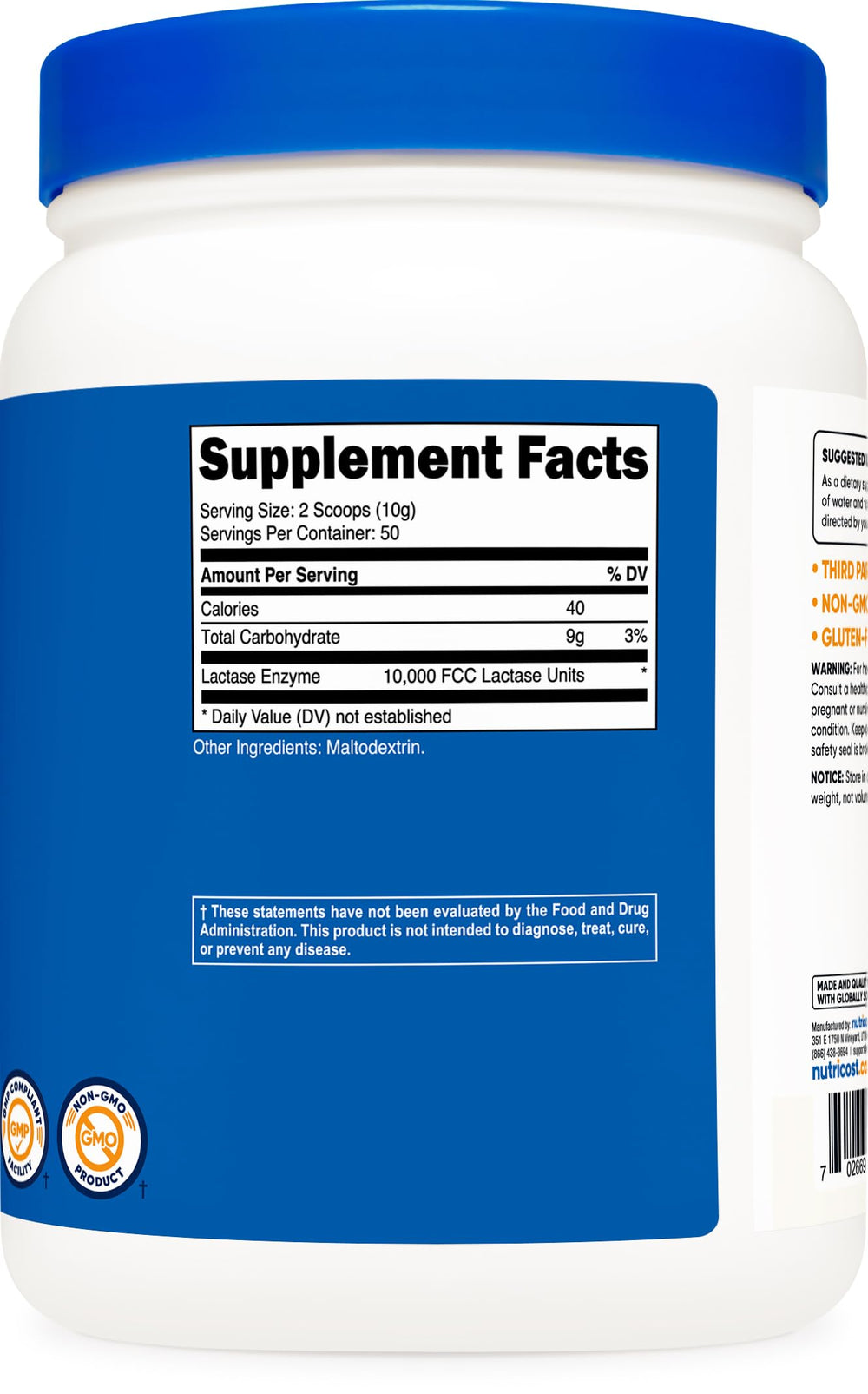 Non-GMO and Gluten Free icons for Nutricost Lactase Powder