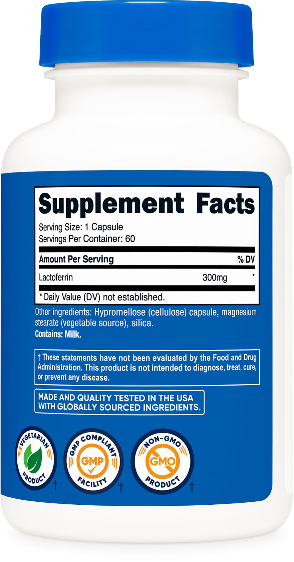 Third-party testing seal on Nutricost Lactoferrin packaging