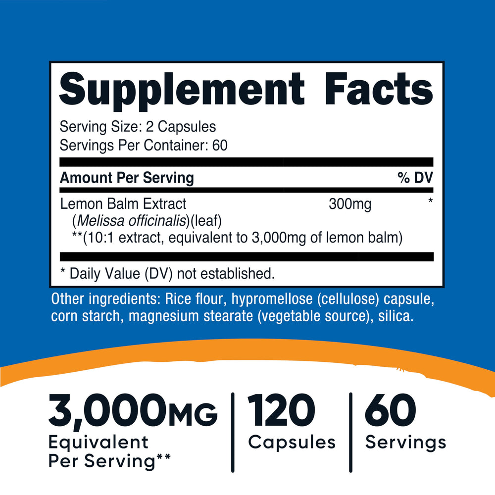 Close-up of lemon balm extract capsules showing 10:1 concentration