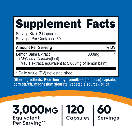 Close-up of lemon balm extract capsules showing 10:1 concentration
