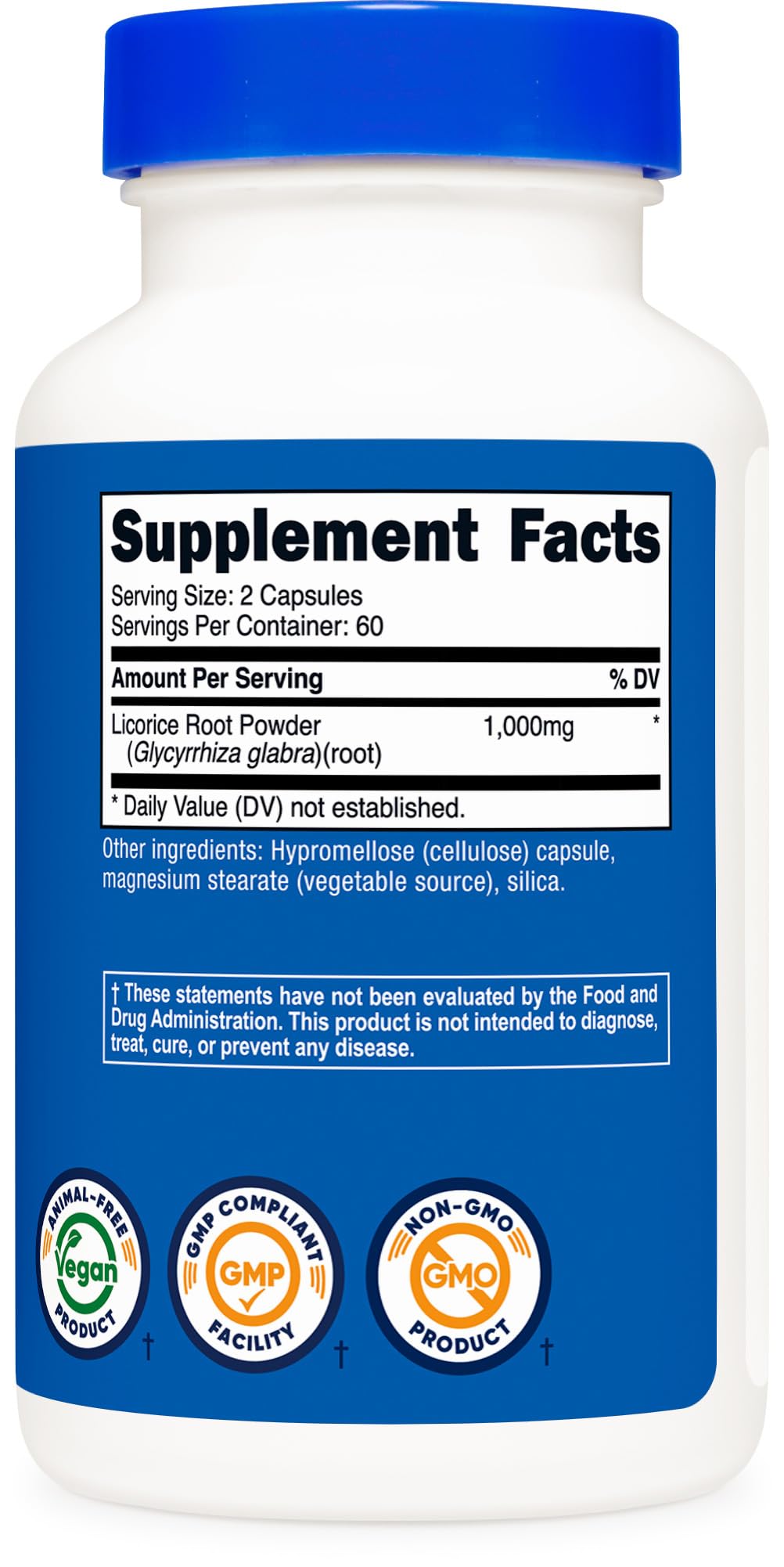 Non-GMO, gluten-free and soy-free icons on Nutricost label