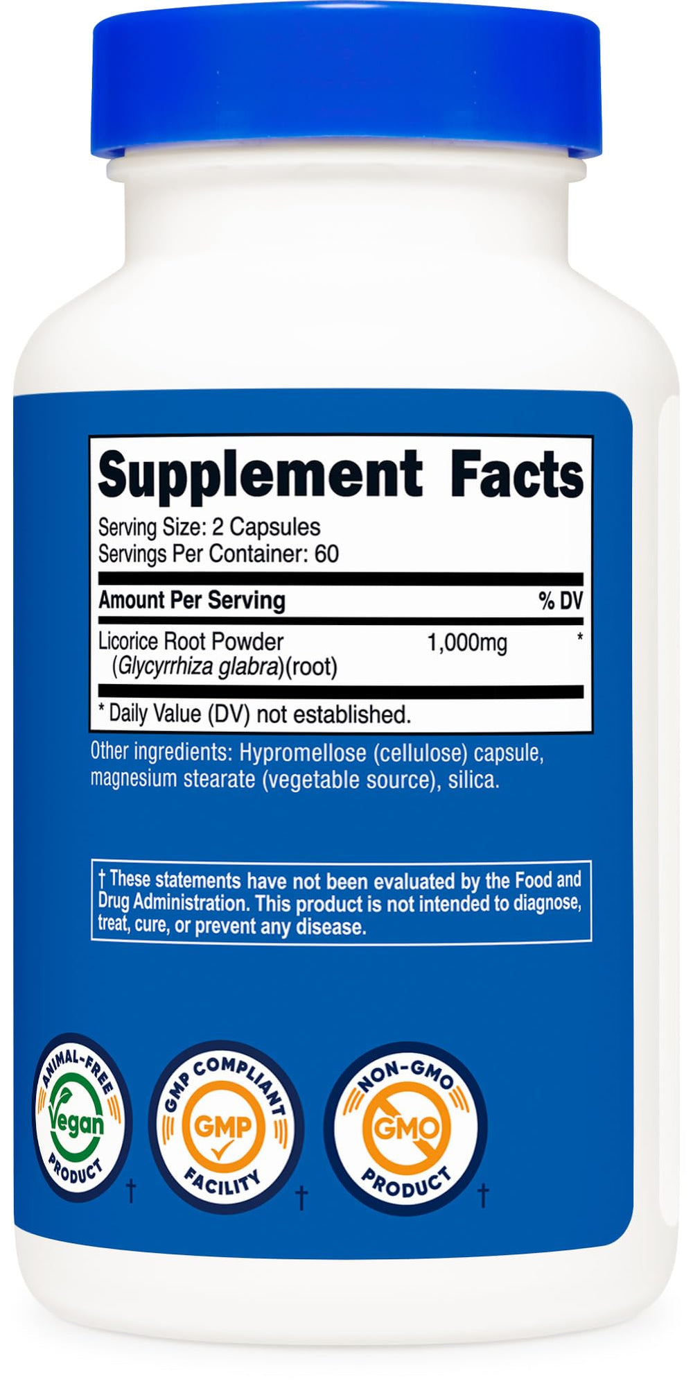 Non-GMO, gluten-free and soy-free icons on Nutricost label