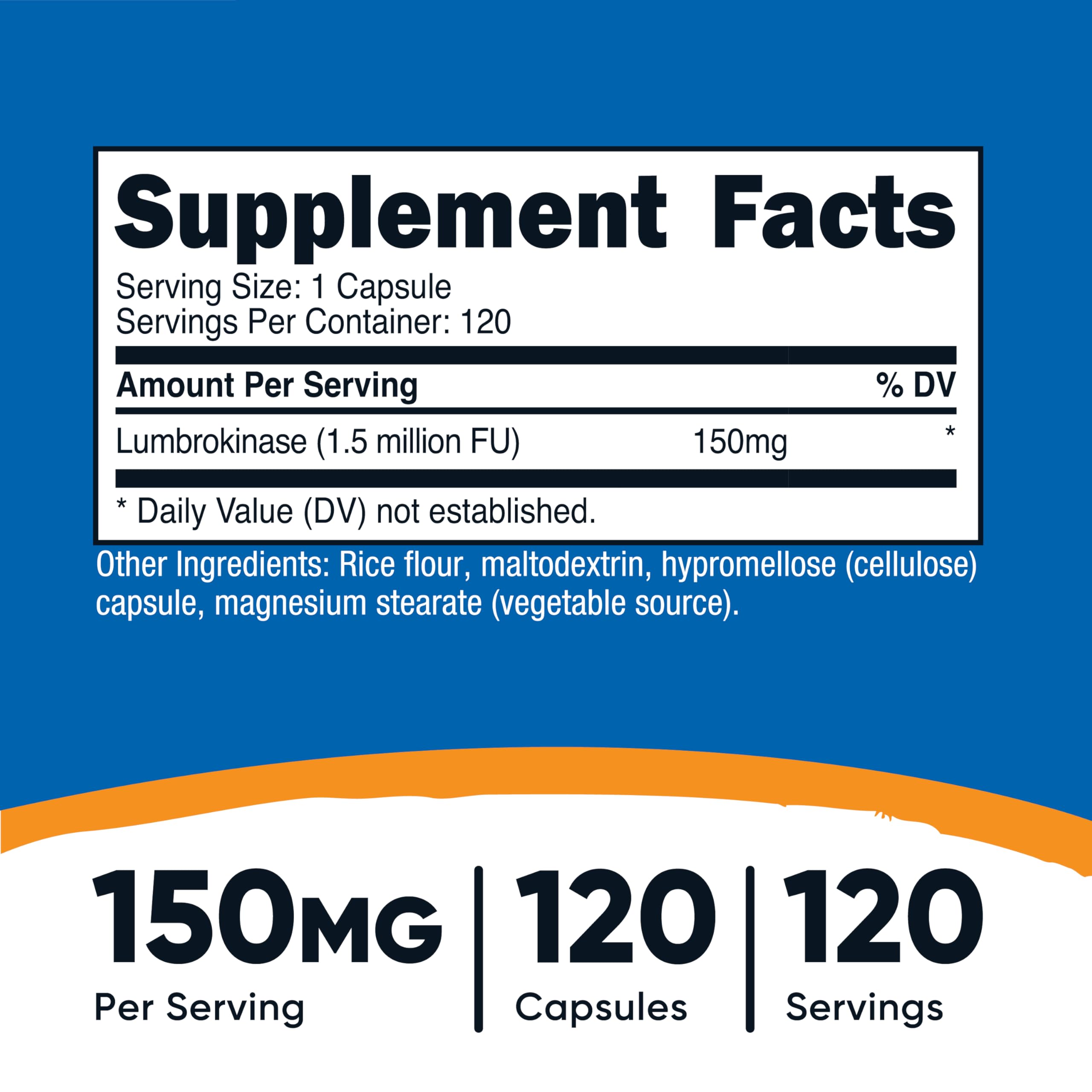 Supplement facts panel showing 150 mg per capsule and 10 million FU per gram