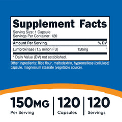 Supplement facts panel showing 150 mg per capsule and 10 million FU per gram
