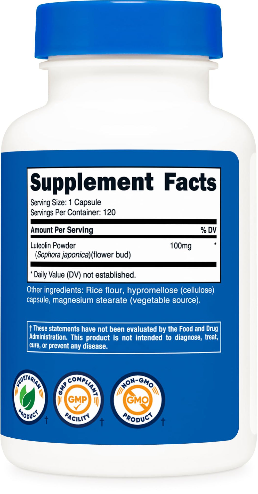 Quality and compliance seals on Nutricost Luteolin 100mg bottle