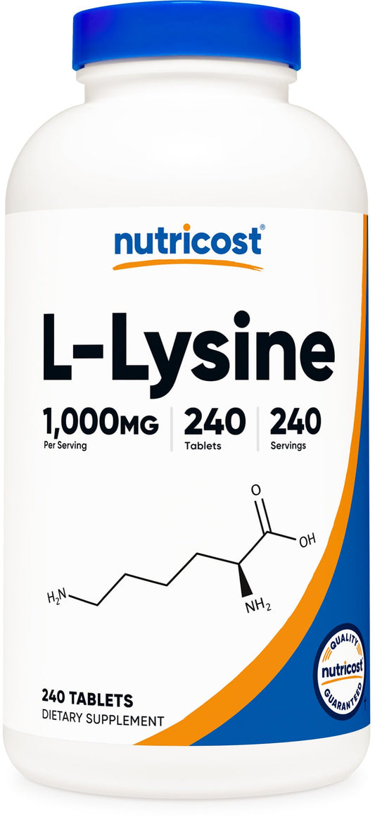 Nutricost L-Lysine 1000mg bottle label showing 240 servings