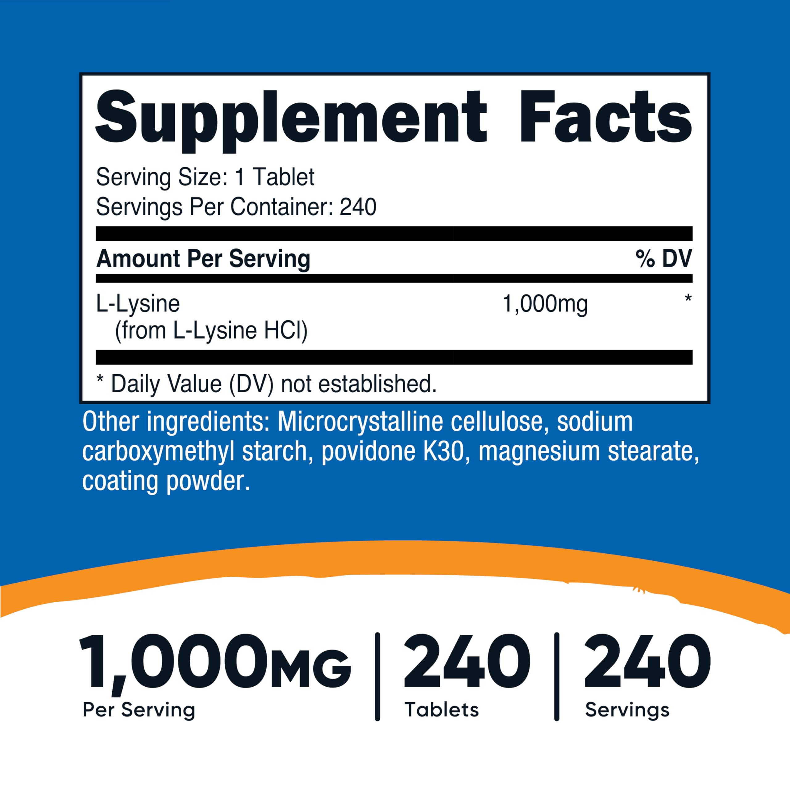 Close-up of L-Lysine bottle showing 1000 mg per serving