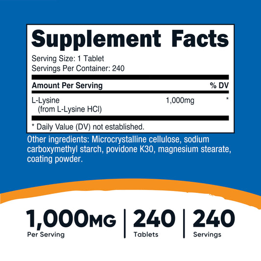 Close-up of L-Lysine bottle showing 1000 mg per serving