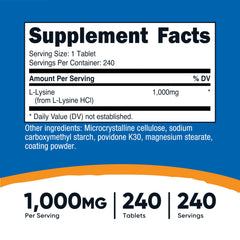 Close-up of L-Lysine bottle showing 1000 mg per serving