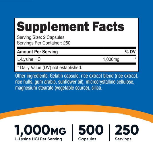 Close up shot of L-Lysine 1000mg capsules